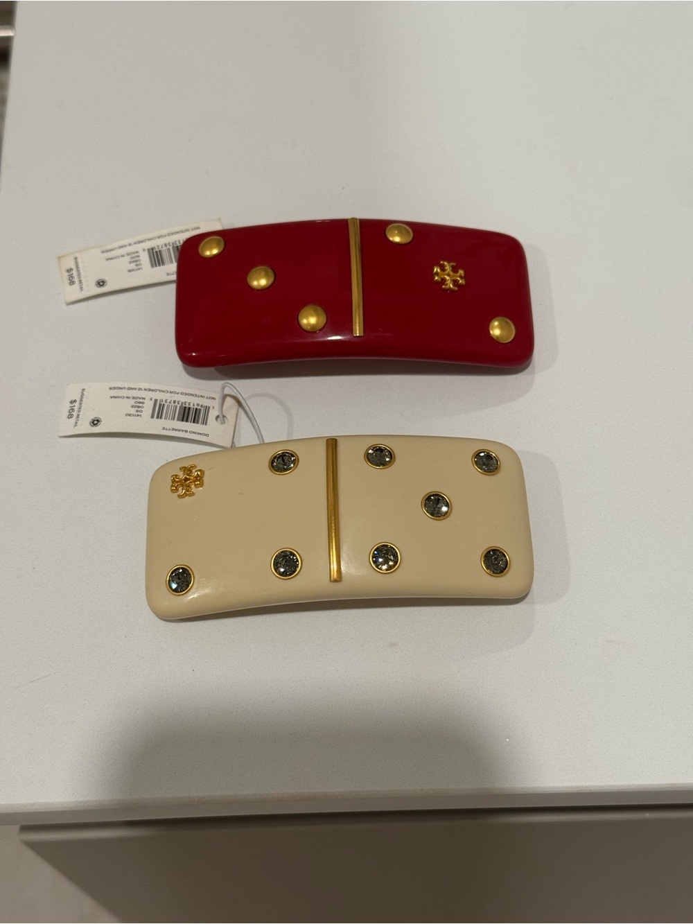 Tory Burch Kira Domino Barrette Set of 2 Red Ivory Crystal NWT 